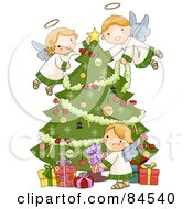 Royalty Free RF Clipart Illustration Of Three Adorable Angels Trimming A Christmas Tree And Arranging Presents