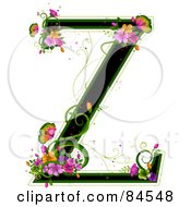 Black Capital Letter Z Outlined In Green With Colorful Flowers And Butterflies