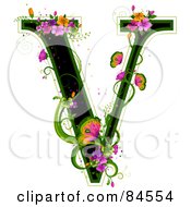 Black Capital Letter V Outlined In Green With Colorful Flowers And Butterflies