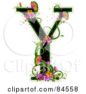 Black Capital Letter Y Outlined In Green With Colorful Flowers And Butterflies