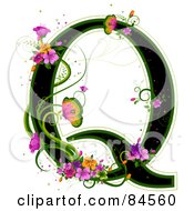 Black Capital Letter Q Outlined In Green With Colorful Flowers And Butterflies