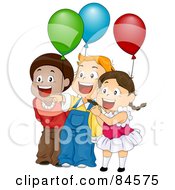 Poster, Art Print Of Three Happy Children Laughing And Holding Balloons At A Birthday Party