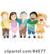 Group Of Five Happy Diverse Children With Their Arms Around Each Other