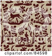 Poster, Art Print Of Seamless Repeat Background Of Brown Plants Flowers And Deer On Beige