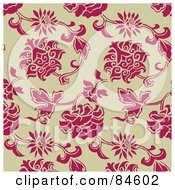 Poster, Art Print Of Seamless Repeat Background Of Pink Leaves And Flowers On Beige