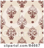 Poster, Art Print Of Seamless Repeat Background Of Red Trees And Flowers On Beige