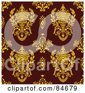 Royalty Free RF Clipart Illustration Of A Seamless Repeat Background Of Yellow Rose Urns On Maroon by BestVector