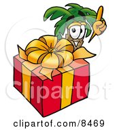Poster, Art Print Of Palm Tree Mascot Cartoon Character Standing By A Christmas Present