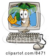 Palm Tree Mascot Cartoon Character Waving From Inside A Computer Screen