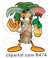 Palm Tree Mascot Cartoon Character Holding A Red Rose On Valentines Day