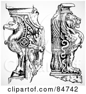 Digital Collage Of Black And White Griffon And Winged Lion End Statues