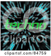 Poster, Art Print Of The Green Word Techno Over Zooming Blue Lines In Hyperspace On Black