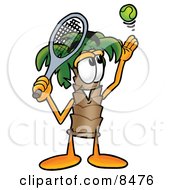 Poster, Art Print Of Palm Tree Mascot Cartoon Character Preparing To Hit A Tennis Ball