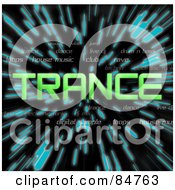 Poster, Art Print Of Green Word Trance Over Zooming Blue Lines In Hyperspace On Black