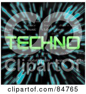 Poster, Art Print Of Green Word Techno Over Zooming Blue Lines In Hyperspace On Black