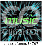 Poster, Art Print Of The Green Word Music Over Zooming Blue Lines In Hyperspace On Black