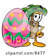 Poster, Art Print Of Palm Tree Mascot Cartoon Character Standing Beside An Easter Egg