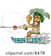 Palm Tree Mascot Cartoon Character Waving While Water Skiing