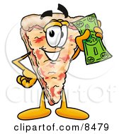 Slice Of Pizza Mascot Cartoon Character Holding A Dollar Bill