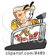 Slice Of Pizza Mascot Cartoon Character Walking On A Treadmill In A Fitness Gym