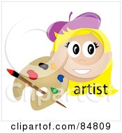 Poster, Art Print Of Friendly Blond Female Artist Face With A Paintbrush And Palette