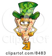 Slice Of Pizza Mascot Cartoon Character Wearing A Saint Patricks Day Hat With A Clover On It
