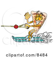 Slice Of Pizza Mascot Cartoon Character Waving While Water Skiing