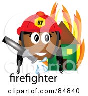 Poster, Art Print Of Friendly Female Indian Firefighter With The Word By A Flaming House