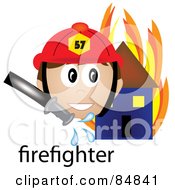 Poster, Art Print Of Friendly Male Caucasian Firefighter With The Word By A Flaming House