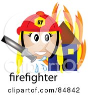 Poster, Art Print Of Friendly Female Caucasian Firefighter With The Word By A Flaming House