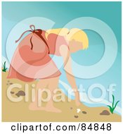 Poster, Art Print Of Blond Caucasian Girl Bending Over To Pick Up A Seashell On A Beach