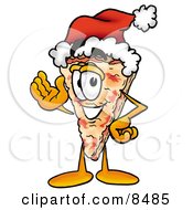 Slice Of Pizza Mascot Cartoon Character Wearing A Santa Hat And Waving