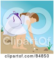 Brunette Caucasian Girl Bending Over To Pick Up A Seashell On A Beach