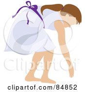 Poster, Art Print Of Brunette Caucasian Girl In A Purple Dress Bending Over To Pick Something Up