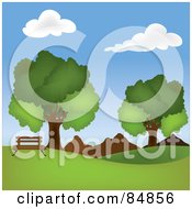 Poster, Art Print Of Park Bench On A Hill Near Mountains And Mature Oak Trees