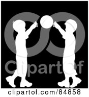 Royalty Free RF Clipart Illustration Of Two White Silhouetted Boys Playing Catch With A Ball On Black