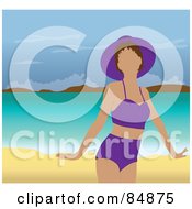 Poster, Art Print Of Faceless Woman In A Purple Swimsuit And Hat Standing On A Tropical Beach