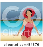 Poster, Art Print Of Faceless Woman In A Red Swimsuit And Hat Standing On A Tropical Beach