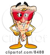 Slice Of Pizza Mascot Cartoon Character Wearing A Red Mask Over His Face