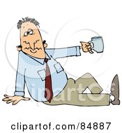 Businessman Sitting On The Ground And Holding Up A Tea Cup