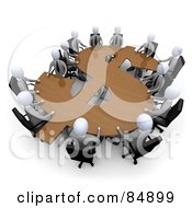 Royalty Free RF Clipart Illustration Of 3d White Business People In A Meeting Around A Wooden Dollar Shaped Table