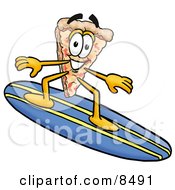 Slice Of Pizza Mascot Cartoon Character Surfing On A Blue And Yellow Surfboard by Mascot Junction