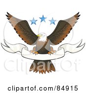 Royalty Free RF Clipart Illustration Of A Bald Eagle Perched On A Blank White Banner Under Three Blue Stars by Paulo Resende #COLLC84915-0047