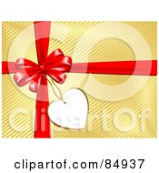 Royalty Free RF Clipart Illustration Of A Blank Heart Gift Tag Attached To A Bow And Ribbons Over Golden Gift Wrap