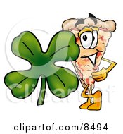 Slice Of Pizza Mascot Cartoon Character With A Green Four Leaf Clover On St Paddys Or St Patricks Day