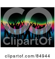 Black Silhouetted People Dancing Over A Wavy Halftone Rainbow Background