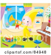 Poster, Art Print Of Happy Little Elf Playing A Horn By A Window Of A Music Room