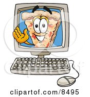 Slice Of Pizza Mascot Cartoon Character Waving From Inside A Computer Screen by Mascot Junction
