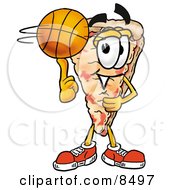 Slice Of Pizza Mascot Cartoon Character Spinning A Basketball On His Finger