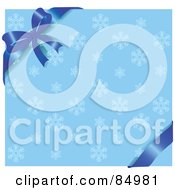 Poster, Art Print Of Blue Ribbon And Bow On The Corner Of A Blue Snowflake Background